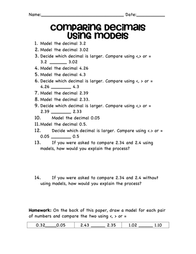 comparing decimals using models activity teaching resources