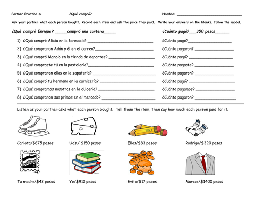 Partner Practice: ¿Qué compró? Practice with Clothing, bug numbers and  preterite tense