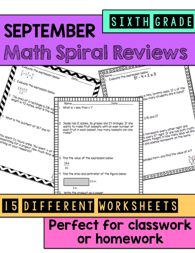 Math Spiral Review Worksheets August/September 6th Grade Math by katembee  Teaching Resources  Tes