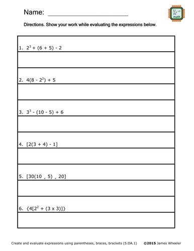 Evaluate Algebraic Expressions Worksheet - 5.OA.1
