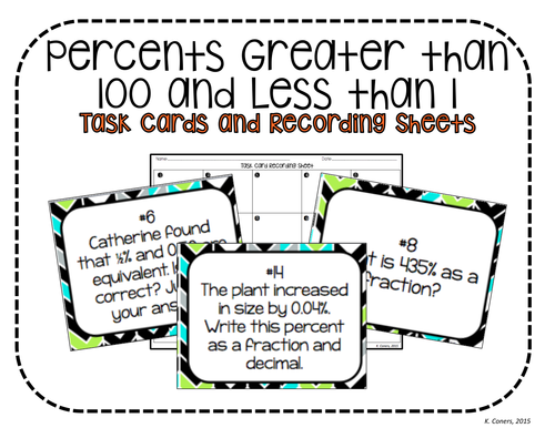 Percents Greater than 100 and Less than 1 Task Cards + Recording Sheets