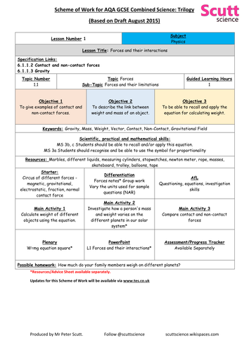 Unit 1 Forces - Scheme of Work for AQA GCSE Combined Science Trilogy Physics