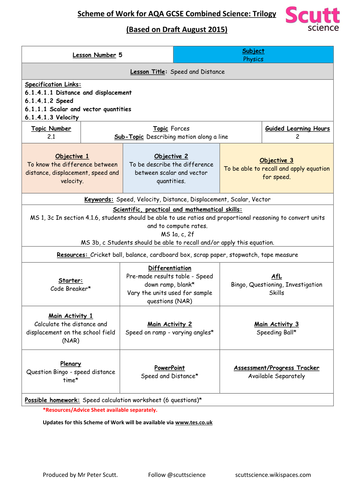 Unit 2 Speed - Scheme of Work for AQA GCSE Combined Science Trilogy Physics