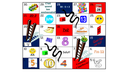Snakes and ladders for revision of numbers, months, birthdays, feelings in French