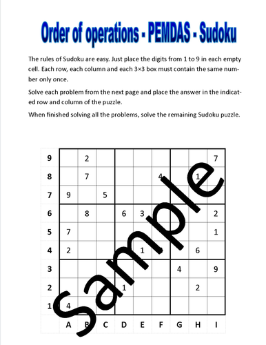 Order of operations - PEMDAS - Sudoku puzzle