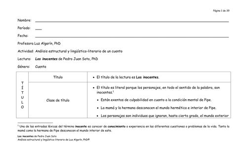Cuento-Análisis estructural y lingüístico-literario de Los inocentes de Pedro Juan Soto