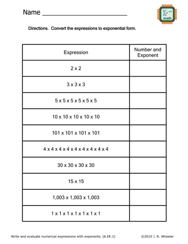 Convert to Exponents Worksheet - 6.EE.1