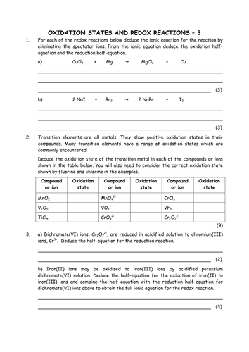 Chemistry: Redox reactions including oxidation states worksheet