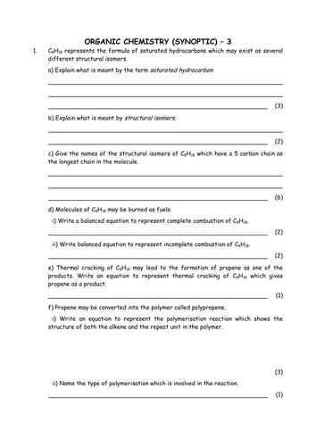 Chemistry: Organic worksheet | Teaching Resources