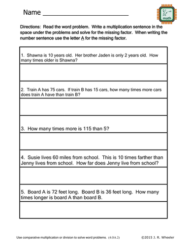 Word Problem to Equation Worksheet - 4.OA.2