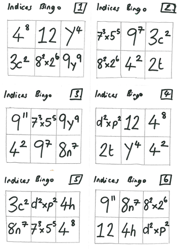 Indices (Index Laws) Lesson & Bingo Activity