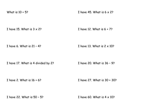 Year 2 Mental Maths 'I have' Cards (+-x/)