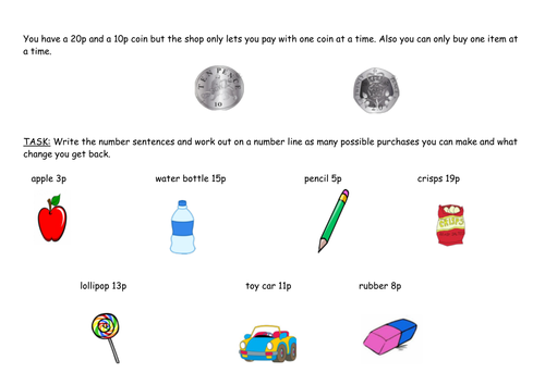 Year 2 Shop Full Lesson: 3 differentiated worksheets and plan (subtraction on a number line) 