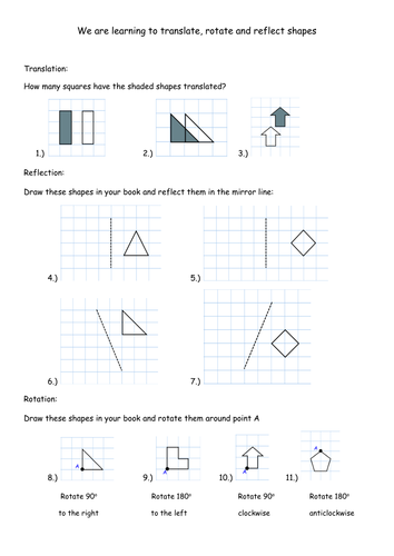 Translation, Rotation and Reflection Worksheets