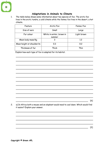 Biology: Animal adaptations worksheet