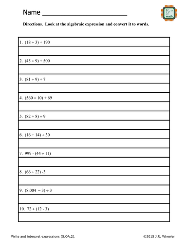 Convert Expressions to Words Worksheet - 5.OA.2