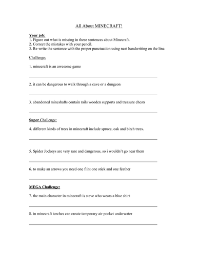 baseline punctuation worksheet minecraft theme teaching resources