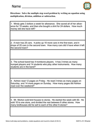 Write Equations to Solve Word Problems Worksheet - 4.OA.3