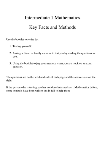 Intermediate 1 Mathematics Prelim and marking instructions and Key Facts Revision Booklet 