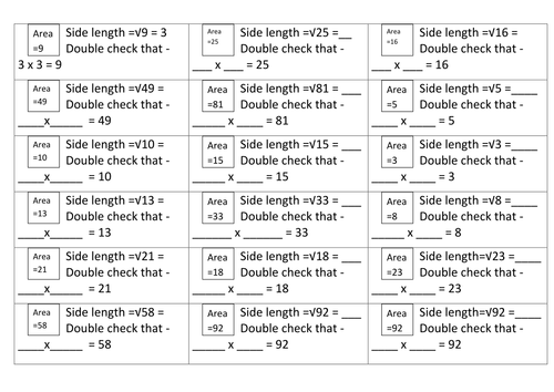 Square Roots Lesson with 2 tasks and an extension