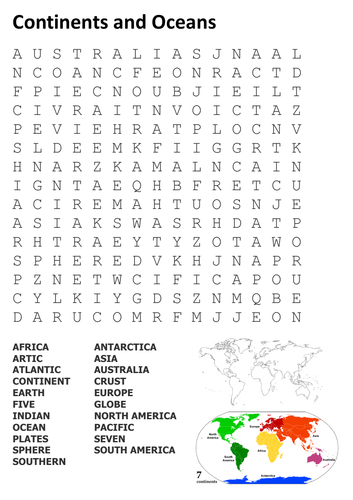 Continents and Oceans Word Search