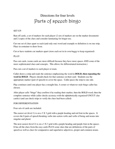 Parts of Speech bingo