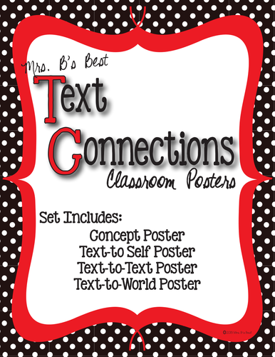 Text Connections Classroom Posters in Black and White Polka dot with Red Accents