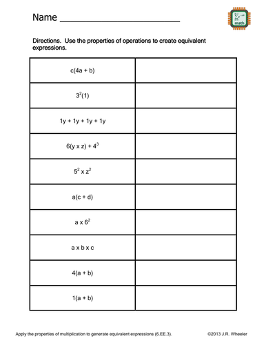 Write Equivalent Expressions Worksheet - 6.EE.3