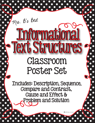 Informational Text Structure Posters in Black and White Polka Dot with Red