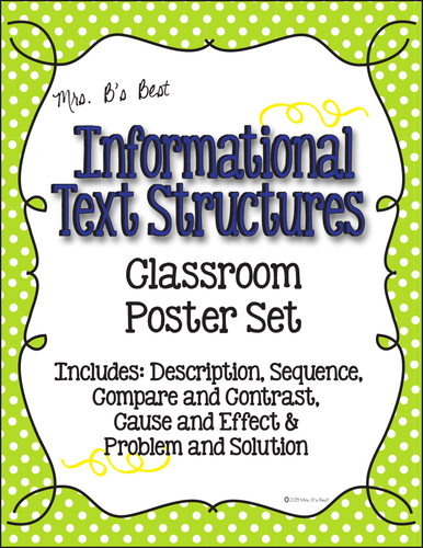 Informational Text Structure Posters in Blue, Lime and Lemon Polka Dot
