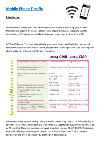 Functional Maths Activity (L1 - L2) - Mobile Phone Tariffs (and GCSE)