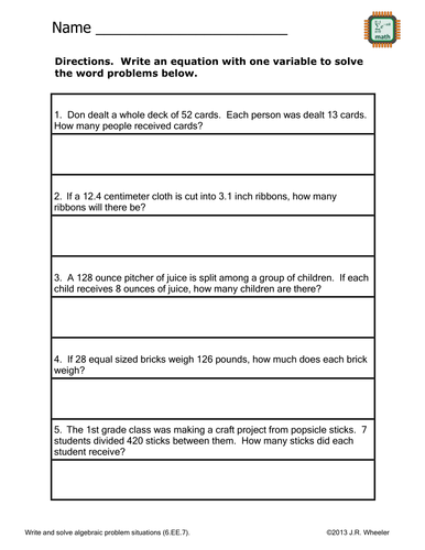 Solve Word Problems with Variable Worksheet - 6.EE.7