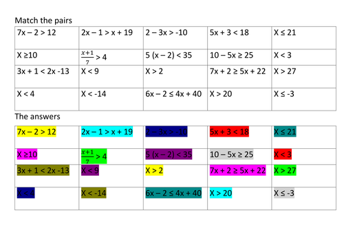 Solving inequalities - match up the pairs