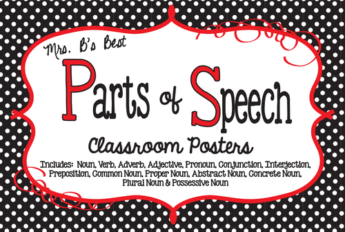 Parts of Speech Classroom Posters in Black, Red and White Polka Dots