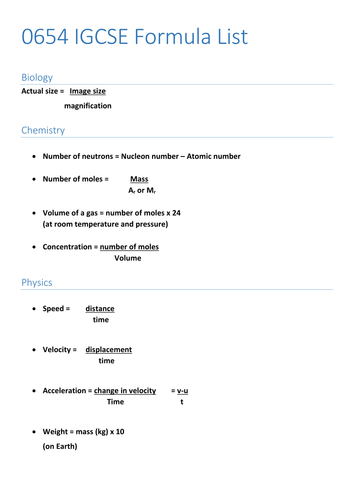 0654 Cambridge IGCSE Coordinated Science Formula list (all sciences)