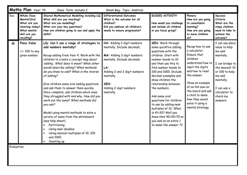 Addition Planning (+ flipcharts) - Year 5