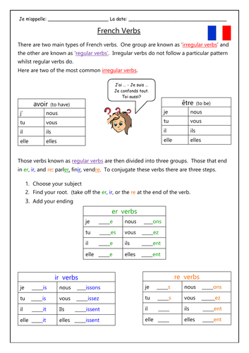 an introduction to french verbs worksheets teaching resources