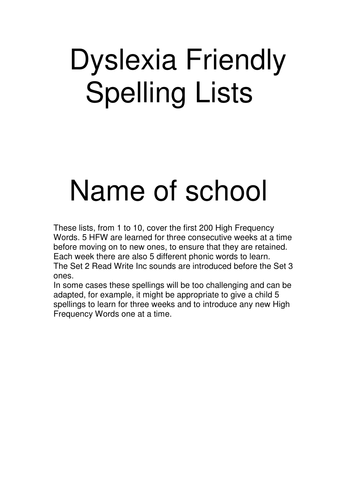 Dyslexia Friendly Spelling Lists elementary school Big Spellings 
