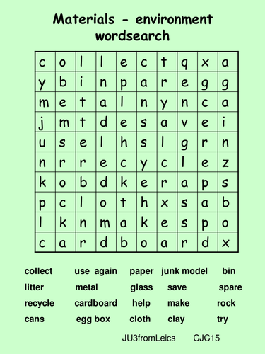 MATERIALS / ENVIRONMENT/ RECYCLE/LITTER WORDSEARCH