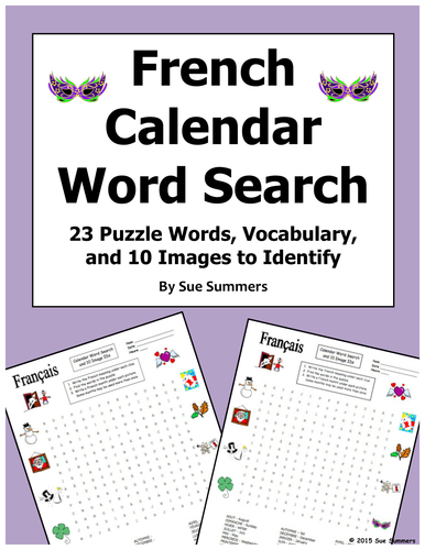 French Calendar Word Search Puzzle, IDs, and Vocabulary - Days, Months, Seasons