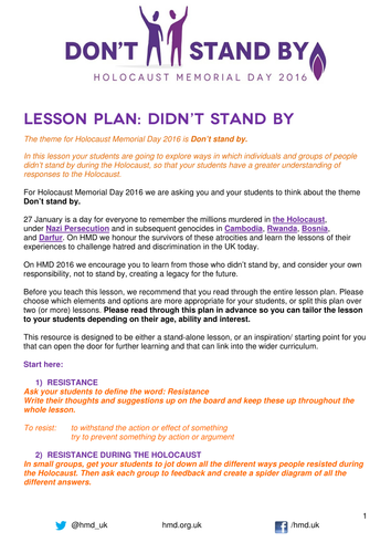 Holocaust Memorial Day 2016 - Didn't Stand By - Lesson Plan