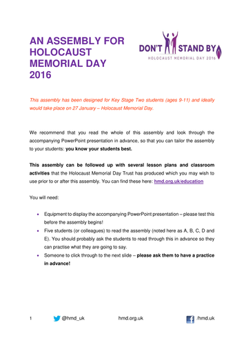 Holocaust Memorial Day 2016 Assembly for Key Stage Two (ages 9-11)