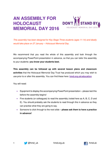 Holocaust Memorial Day 2016 Assembly for Key Stage 3 (11-14 year olds)
