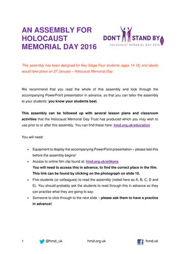 Holocaust Memorial Day 2016 - Assembly for Key Stage 4 (14-16 year olds)
