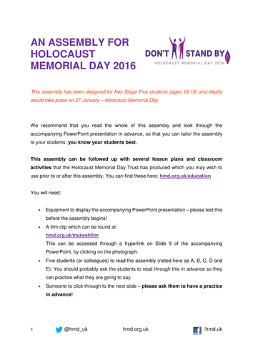 Holocaust Memorial Day 2016 - Assembly for Key Stage 5 (ages 16-18)