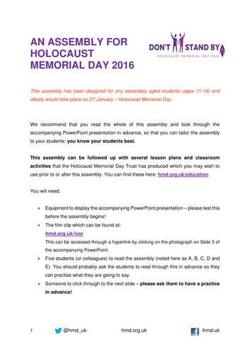 Holocaust Memorial Day 2016 Whole School Assembly (11-18) 