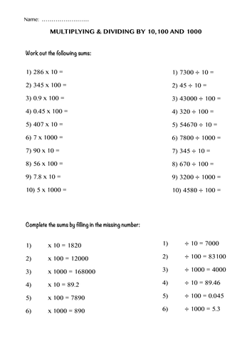 Dividing By 10 100 And 1000 Worksheets
