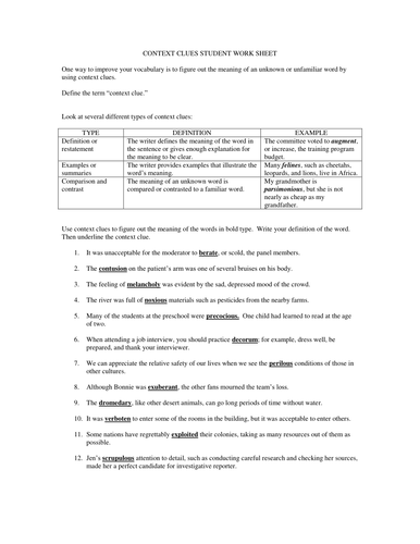 Context Clues Practice Sheet