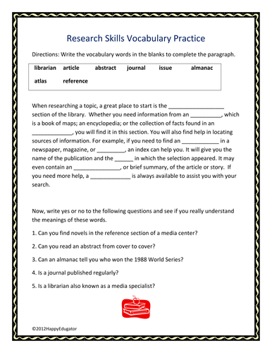 Research Skills Vocabulary Practice Sheet