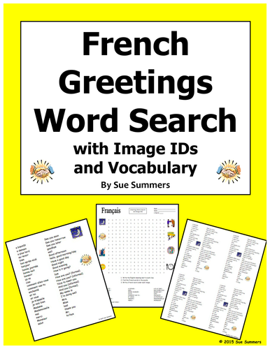 French Greetings and Basics Word Search Puzzle, IDs, and Vocabulary